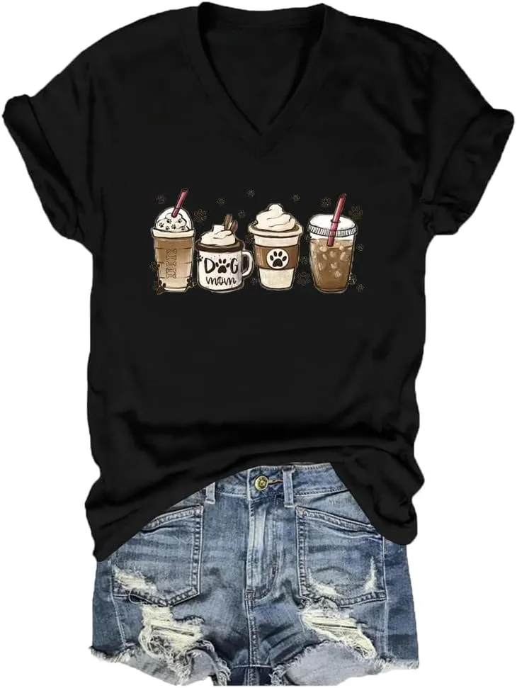Women's Dog Mom Coffee Cup Graphic Tees Cute Paws Print Shirts V-Neck Pet Lovers T-Shirt Dogs Mama Shirt Funny Tops