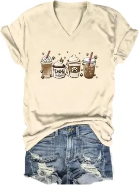 Women's Dog Mom Coffee Cup Graphic Tees Cute Paws Print Shirts V-Neck Pet Lovers T-Shirt Dogs Mama Shirt Funny Tops