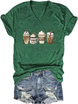 Women's Dog Mom Coffee Cup Graphic Tees Cute Paws Print Shirts V-Neck Pet Lovers T-Shirt Dogs Mama Shirt Funny Tops