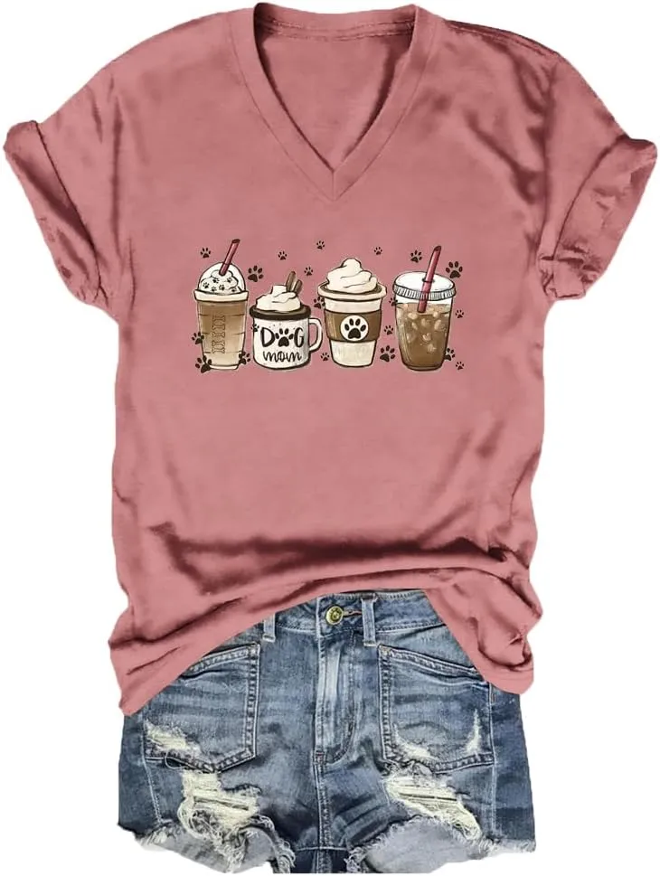 Women's Dog Mom Coffee Cup Graphic Tees Cute Paws Print Shirts V-Neck Pet Lovers T-Shirt Dogs Mama Shirt Funny Tops