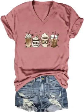Women's Dog Mom Coffee Cup Graphic Tees Cute Paws Print Shirts V-Neck Pet Lovers T-Shirt Dogs Mama Shirt Funny Tops