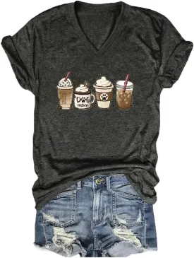 Women's Dog Mom Coffee Cup Graphic Tees Cute Paws Print Shirts V-Neck Pet Lovers T-Shirt Dogs Mama Shirt Funny Tops