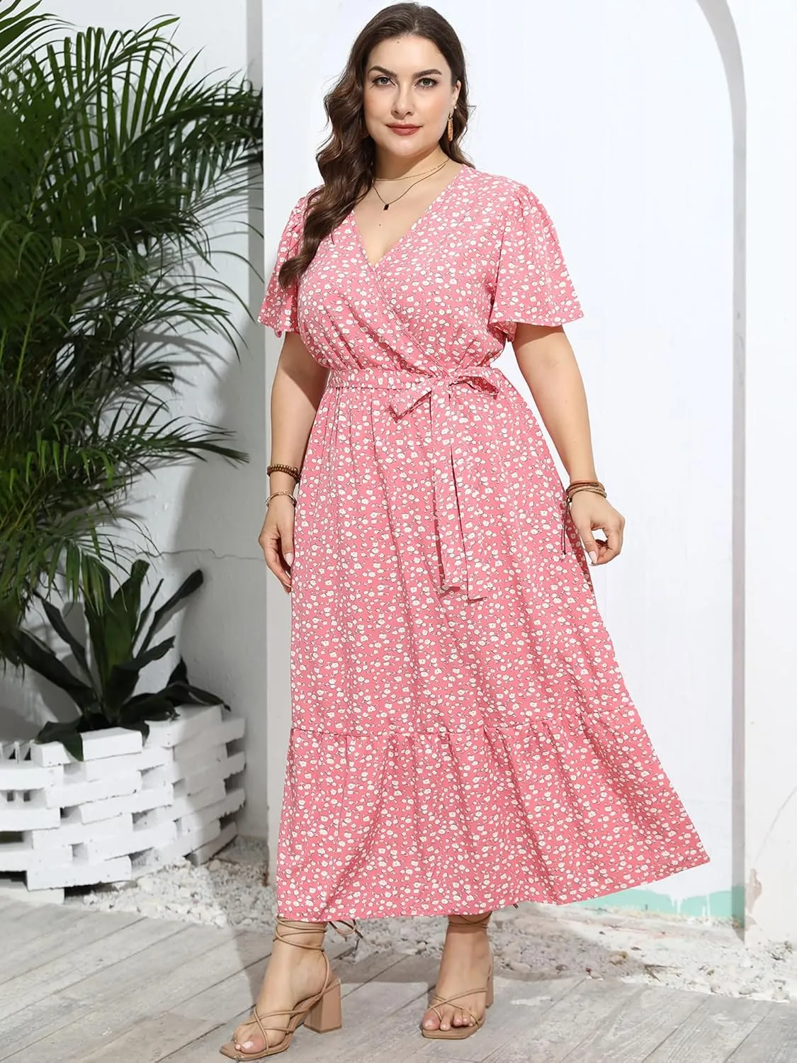 Womens Plus Size Summer Dresses Short Sleeve Wrap V Neck Floral Formal Maxi Wedding Guest Long Dress with Belt XL-5XL