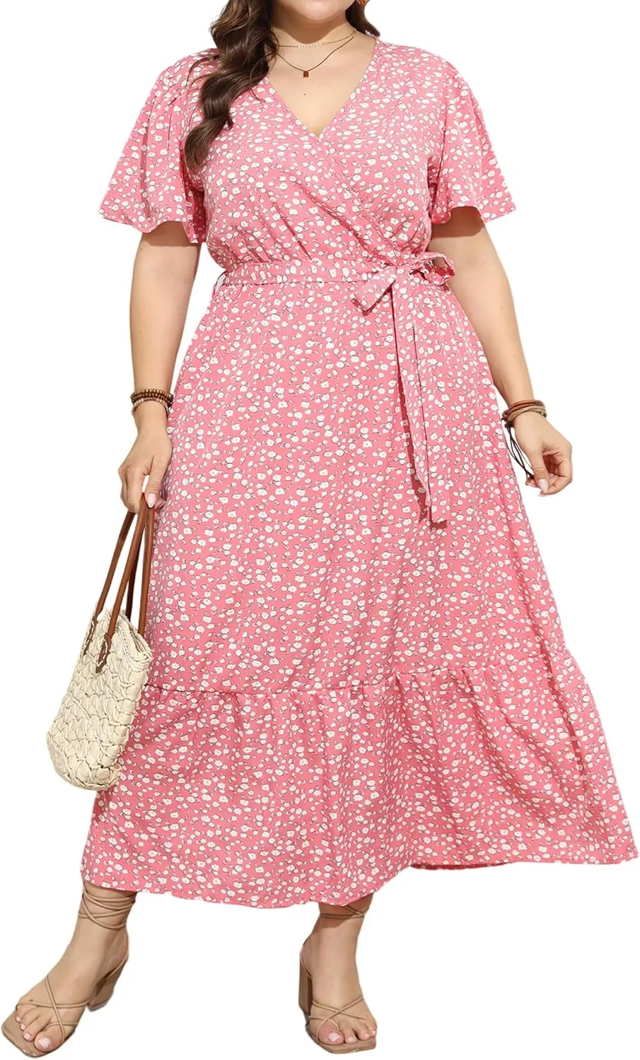 Womens Plus Size Summer Dresses Short Sleeve Wrap V Neck Floral Formal Maxi Wedding Guest Long Dress with Belt XL-5XL