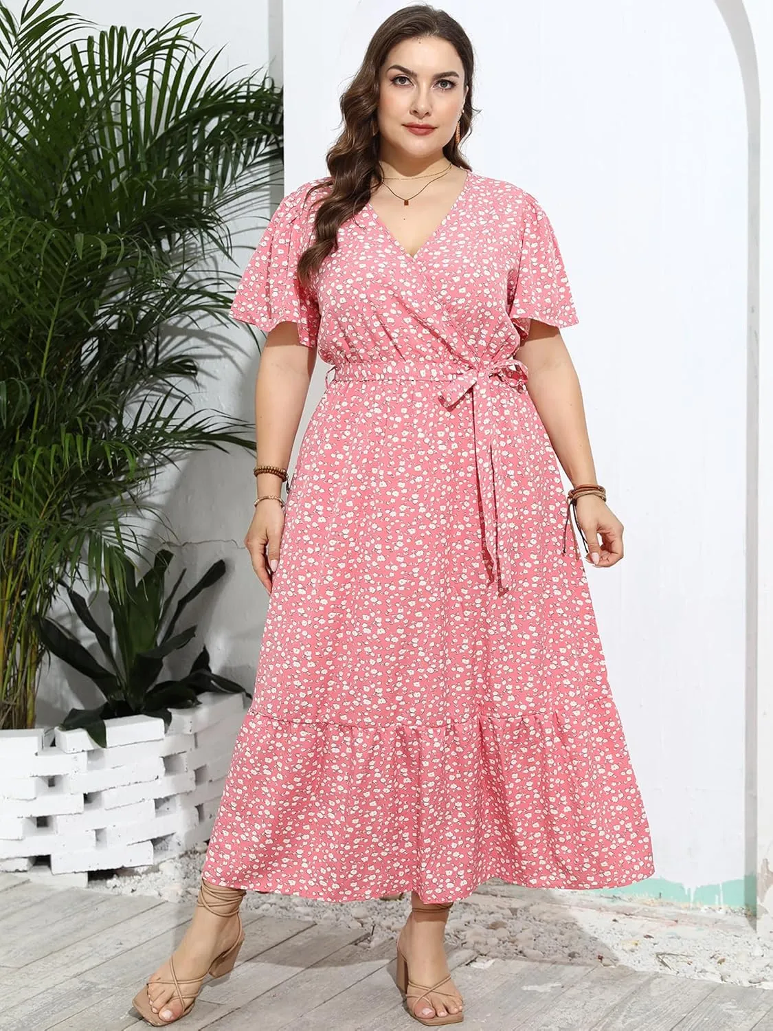 Womens Plus Size Summer Dresses Short Sleeve Wrap V Neck Floral Formal Maxi Wedding Guest Long Dress with Belt XL-5XL