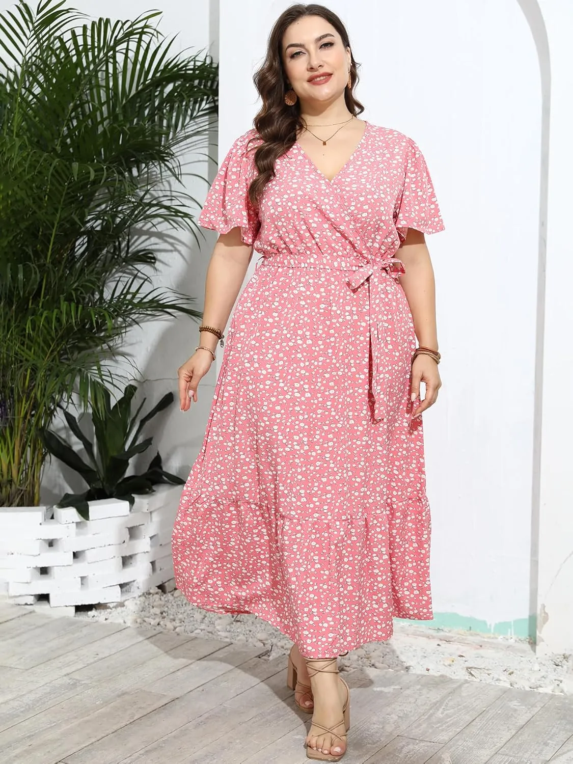 Womens Plus Size Summer Dresses Short Sleeve Wrap V Neck Floral Formal Maxi Wedding Guest Long Dress with Belt XL-5XL