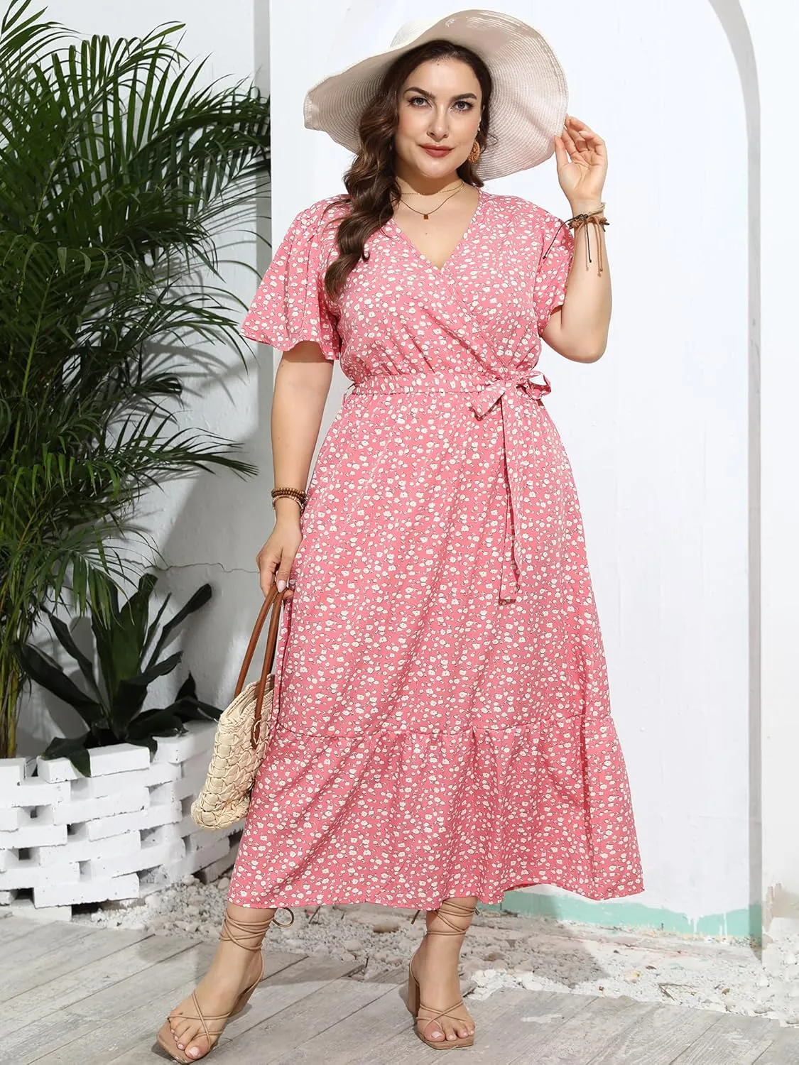 Womens Plus Size Summer Dresses Short Sleeve Wrap V Neck Floral Formal Maxi Wedding Guest Long Dress with Belt XL-5XL