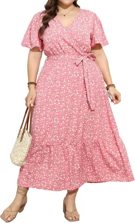Womens Plus Size Summer Dresses Short Sleeve Wrap V Neck Floral Formal Maxi Wedding Guest Long Dress with Belt XL-5XL